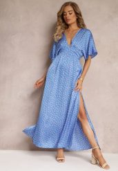 Niebieska Rozkloszowana Sukienka Maxi w Kropki z Głębokim Dekoltem Sallo. Niebieskie sukienki damskie Renee, bez wzorów, bez ramiączek. W wyprzedaży za 135.99 zł.
