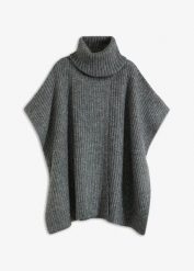 Sweter poncho, z wełną. Szare swetry klasyczne damskie bonprix, z wełny, bez kołnierzyka. Za 149.99 zł.