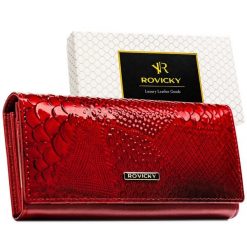 Czerwony portfel damski z lakierowanej skóry naturalnej zamykany na zatrzask Rovicky RPN-24A-RSP. Czerwone portfele damskie z aplikacjami, ze skóry. Za 71.99 zł.