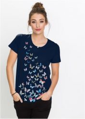 T-shirt z nadrukiem motyli. Niebieskie t-shirty damskie bonprix, bez wzorów, bez kołnierzyka. Za 64.99 zł.