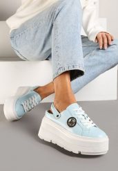 Niebieskie Sneakersy Vices na Platformie z Tłoczeniem Paskiem na Pięcie i Metaliczną Aplikacją Selfedi. Niebieskie obuwie sportowe damskie Renee, z jeansu, bez zapięcia. Za 119.99 zł.