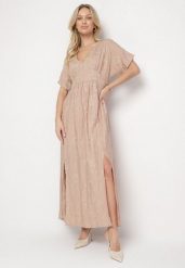 Beżowa Wiskozowa Sukienka z Metaliczną Nicią i Haftem Nelvesia. Brązowe sukienki damskie Born2be, bez wzorów, z jeansu, eleganckie, bez ramiączek. Za 139.99 zł.