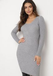 Szara Dopasowana Sukienka Mini Prążkowana Otyse. Szare sukienki damskie Born2be, bez wzorów, z dzianiny, bez ramiączek. W wyprzedaży za 67.99 zł.
