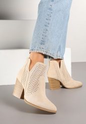 Beżowe Botki na Słupku Ozdobione Wycięciem z Boku Dolirista. Brązowe botki damskie Renee, z jeansu, eleganckie, bez obcasa, na obcasie, bez zapięcia. Za 129.99 zł.