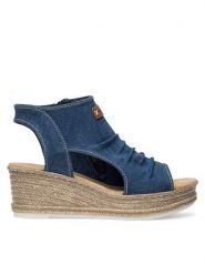 Rieker Sandały 68791-12 Granatowy. Niebieskie sandały damskie Rieker, bez wzorów, z materiału, bez obcasa, na koturnie, bez zapięcia. Za 329.99 zł.