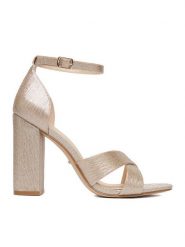 DeeZee Sandały CEO-998877 Złoty. Żółte sandały damskie DeeZee, bez wzorów, z materiału, bez obcasa, na słupku, bez zapięcia. Za 139.99 zł.