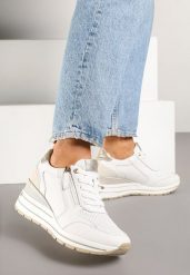 Białe Sneakersy Skórzane na Koturnie z Ozdobnym Suwakiem Xorivna. Białe obuwie sportowe damskie Renee, z jeansu, bez zapięcia. Za 169.99 zł.