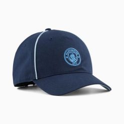 Czapka z daszkiem unisex Puma MCFC KING granatowa 02650204. Niebieskie czapki z daszkiem damskie Puma, bez wzorów, z bawełny. Za 92.08 zł.