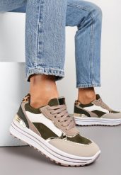 Zielone Sneakersy na Wysokiej Podeszwie z Błyszczącymi Wstawkami Lovana. Brązowe obuwie sportowe damskie Renee, bez zapięcia. Za 79.99 zł.