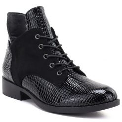 Botki damskie lakierowane kroko czarne Vinceza HX27-16524. Czarne botki damskie VINCEZA, z lakierowanej skóry, eleganckie, bez obcasa, bez zapięcia. Za 149.99 zł.