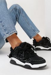 Czarne Sneakersy z Szerokimi Sznurówkami Zdobione Materiałowymi Wstawkami i Perforacją Niriela. Czarne obuwie sportowe casual damskie Born2be, z materiału. Za 99.99 zł.