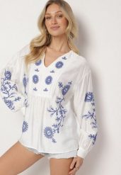 Biała Bluzka z Wiskozą Ozdobiona Haftem Novarella. Białe bluzki damskie Born2be, l, bez wzorów, z wiskozy, eleganckie, bez kołnierzyka, bez ramiączek. Za 99.99 zł.