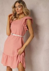 Różowa Sukienka o Rozkloszowanym Kroju z Krótkim Rękawem i Falbankami Lavolia. Czerwone sukienki damskie Renee, z aplikacjami, eleganckie, bez ramiączek. W wyprzedaży za 47.99 zł.