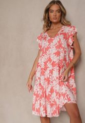 Różowa Kwiatowa Rozkloszowana Sukienka z Bawełny Liravira. Czerwone sukienki damskie Renee, bez wzorów, z bawełny, eleganckie, bez ramiączek. W wyprzedaży za 55.99 zł.