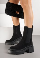 Czarne Botki Typu Sztyblety na Platformie Fesurela. Czarne botki damskie Renee, z jeansu, bez obcasa, na platformie, bez zapięcia. Za 159.99 zł.