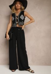 Czarne Spodnie z Bawełną o Szerokim Kroju High Waist Ozdobione Guzikami Morritia. Czarne spodnie materiałowe damskie Renee, bez wzorów, z bawełny. Za 49.99 zł.
