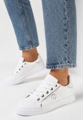 Biało-Srebrne Sznurowane Sneakersy na Płaskiej Podeszwie z Ekoskóry Ozdobnymi Wstawkami Armande. Białe obuwie sportowe damskie Born2be, bez zapięcia. Za 89.99 zł.
