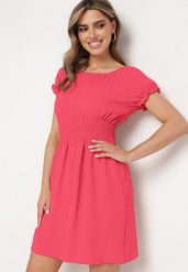 Fuksjowa Rozkloszowana Sukienka Typu Hiszpanka z Gumką w Pasie Tiadella. Czerwone sukienki damskie Born2be, bez wzorów, eleganckie, bez ramiączek. Za 79.99 zł.
