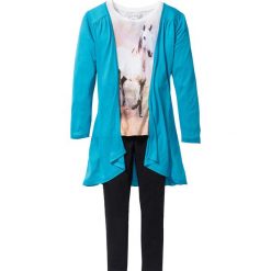 Shirt, kardigan + legginsy (3 części) bonprix ciemnoturkusowo-biel wełny - czarny. Swetry dziewczęce marki FOUGANZA. Za 74.99 zł.