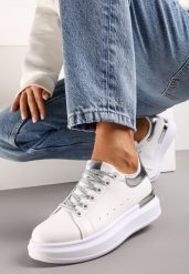 Biało-Srebrne Sneakersy z Brokatowymi Sznurowadłami i Metaliczną Wstawką na Platformie Vuriama. Białe obuwie sportowe damskie Renee, bez zapięcia. Za 74.99 zł.