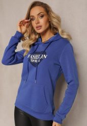 Niebieska Bluza Kangurka Ocieplona Polarem z Ozdobnym Nadrukiem Elili. Niebieskie bluzy damskie Renee, l, bez wzorów, z jeansu, bez kaptura. Za 79.99 zł.