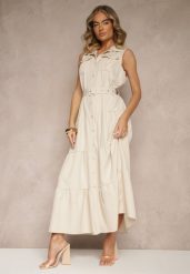 Beżowa Sukienka Koszulowa z Ozdobnymi Guzikami i Paskiem Maviosa. Brązowe sukienki damskie Renee, z aplikacjami, eleganckie, bez ramiączek. W wyprzedaży za 111.99 zł.