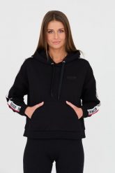 MOSCHINO Czarna bluza z kapturem i lampasami. Czarne bluzy damskie MOSCHINO, s, bez wzorów, z kapturem. W wyprzedaży za 699.99 zł.