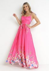Fuksjowa Sukienka Maxi na Ramiączkach z Cienkimi Gumkami i Plisowanym Dołem Sidona. Czerwone sukienki damskie Born2be, bez wzorów, bez ramiączek. Za 229.99 zł.