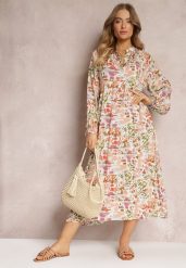 Różowo-Zielona Rozkloszowana Sukienka w Abstrakcyjny Wzór i Górą Zapinaną na Guziki Skylare. Czerwone sukienki damskie Renee, bez wzorów, z wiskozy, eleganckie, bez ramiączek. W wyprzedaży za 83.99 zł.