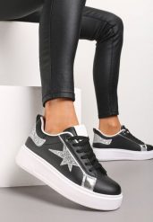 Czarne Sznurowane Sneakersy na Niskiej Platformie z Brokatowymi Wstawkami Cominia. Czarne obuwie sportowe damskie Renee, z materiału, bez zapięcia. Za 74.99 zł.