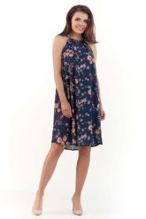Granatowa Zwiewna Sukienka Mini w Kwiatowy Wzór z Wiązanym Dekoltem. Niebieskie sukienki damskie Lou-Lou, bez wzorów, z elastanu, bez ramiączek. Za 149.90 zł.