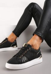 Czarne Sznurowane Sneakersy z Ekoskóry z Plecionką i Metaliczną Wstawką Josephina. Czarne obuwie sportowe damskie Renee, bez zapięcia. Za 74.99 zł.