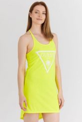 GUESS Żółta neonowa sukienka z trójkątnym logo. Żółte sukienki damskie Guess, z aplikacjami, z poliesteru, bez ramiączek. W wyprzedaży za 119.99 zł.