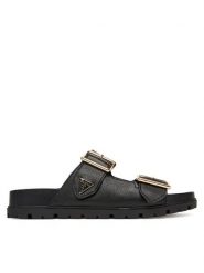 Guess Klapki FLTFST LEA03 Czarny. Czarne klapki damskie Guess, z aplikacjami, ze skóry, bez obcasa, bez zapięcia. Za 439.99 zł.