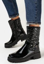 Czarne Botki Lakierowane z Pikowaną Cholewką Orafi. Czarne botki damskie Born2be, z lakierowanej skóry, bez obcasa, na płaskiej podeszwie, bez zapięcia. Za 169.99 zł.