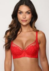 Czerwony Biustonosz na Odpinanych Regulowanych Ramiączkach z Transparentnym Wykończeniem Zetina. Czerwone biustonosze Born2be, z aplikacjami, z koronki. Za 39.99 zł.