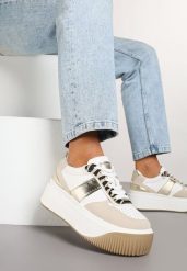 Biało-Beżowe Sneakersy na Platformie z Metalicznym Zdobieniem i Printem w Zebrę Fonarien. Białe obuwie sportowe damskie Renee, z jeansu, bez zapięcia. Za 89.99 zł.