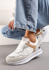 Biało-Szare Sneakersy na Niskiej Platformie z Metalicznym Paskiem za Kostkę Dapphira. Białe obuwie sportowe damskie Renee, z jeansu, za kolano, bez zapięcia. Za 79.99 zł.