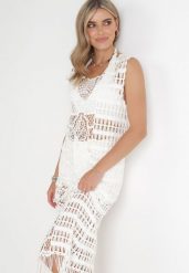 Biała Szydełkowa Sukienka Plażowa z Frędzlami Nellot. Białe sukienki damskie Born2be, bez wzorów, z tkaniny, bez ramiączek. Za 139.99 zł.