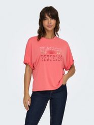 ONLY Koszulka w kolorze koralowym rozmiar: XS. Czerwone koszulki damskie Only, xs, bez wzorów, bez kołnierzyka, bez ramiączek. Za 70.24 zł.