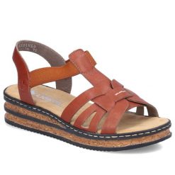 Komfortowe sandały damskie na koturnie brązowe Rieker 62918-62. Brązowe sandały damskie Rieker, bez wzorów, ze skóry ekologicznej, bez obcasa, na koturnie, bez zapięcia. Za 299.00 zł.