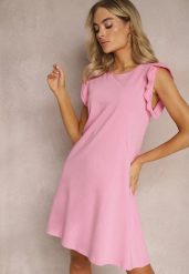 Jasnoróżowa Trapezowa Sukienka z Elastycznej Bawełny z Falbankami Przy Ramionach Aleradia. Czerwone sukienki damskie Renee, bez wzorów, z bawełny, bez ramiączek. Za 49.99 zł.