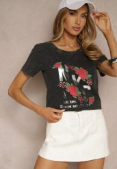 Czarny Bawełniany T-shirt z Kwiatami i Napisami Savinele. Czarne t-shirty damskie Renee, l, bez wzorów, z bawełny, bez kołnierzyka. Za 39.99 zł.