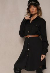 Czarna Koszulowa Sukienka Ozdobiona Paskiem i Rękawem z Regulacją Esaviona. Czarne sukienki damskie Renee, bez wzorów, z jeansu, eleganckie, bez ramiączek. Za 119.99 zł.