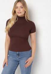 Brązowy Dopasowany T-shirt z Wiskozy z Golfem Isovera. Brązowe golfy damskie Born2be, m, z aplikacjami, z materiału, bez ramiączek. Za 49.99 zł.