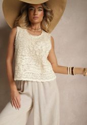 Beżowa Ażurowa Bluzka z Bawełny Aredia. Brązowe bluzki damskie Renee, l, w ażurowe wzory, z bawełny, eleganckie, bez kołnierzyka, bez ramiączek. Za 69.99 zł.