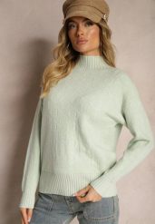 Miętowy Golf Sweter z Tłoczeniem i Ściągaczami Melovira. Zielone golfy damskie Renee, bez wzorów, bez ramiączek. Za 99.99 zł.