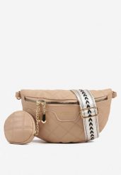 Beżowa Tłoczona Nerka z Napisem i Portmonetką Alisavi. Brązowe nerki i saszetki damskie Born2be, bez wzorów, z jeansu. Za 69.99 zł.