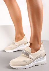 Beżowe Sneakersy no Koturnie z Metaliczną Wstawką Roselie. Brązowe obuwie sportowe damskie Renee, bez zapięcia. Za 119.99 zł.