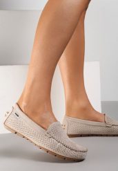 Jasnobeżowe Mokasyny Ianthochis. Brązowe mokasyny damskie Renee, ze skóry, bez obcasa. Za 99.99 zł.